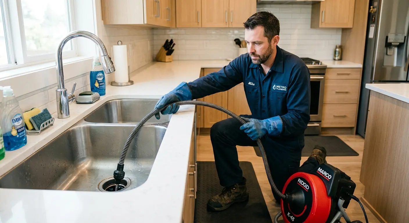 Drain cleaning technician using a motorized snake on a kitchen sink in Ladera Heights