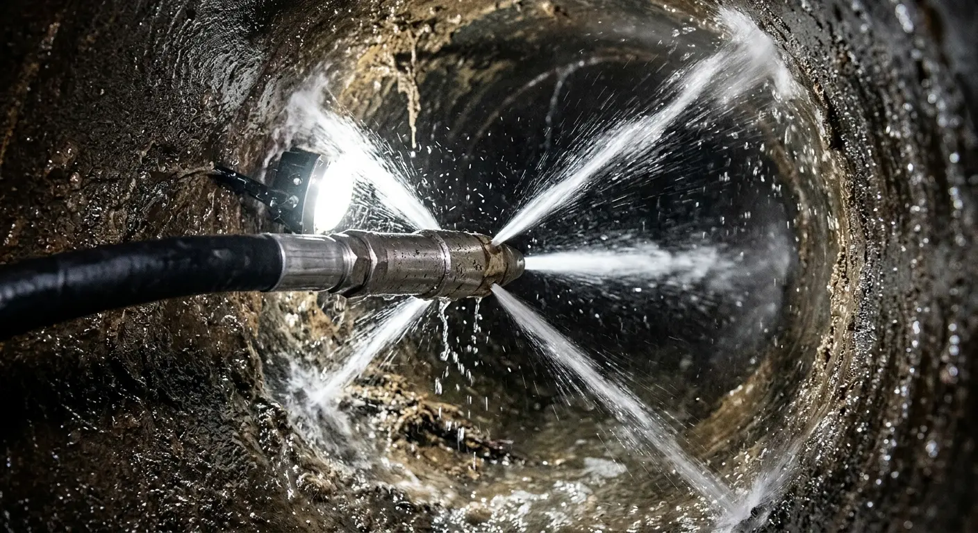 High-pressure hydro jetting nozzle cleaning sewer pipe for Trenchless Sewer Repair in Ladera Heights
