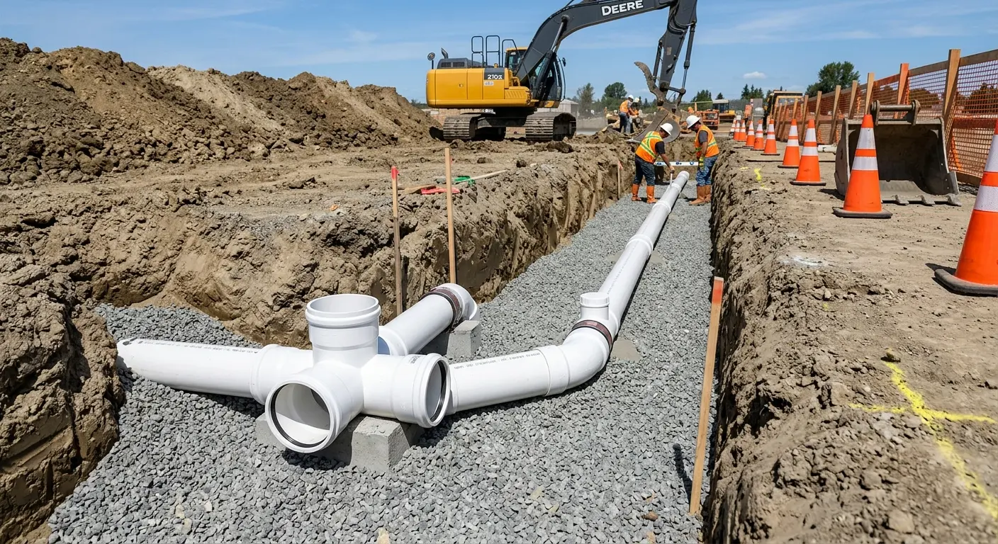 New PVC sewer pipe installation in open trench for Sewer Backup in Ladera Heights