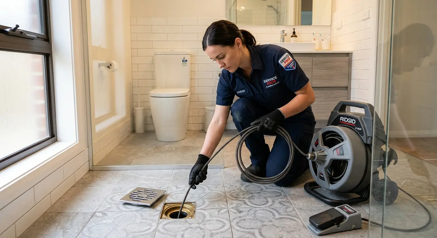 Technician clearing a bathroom floor drain for Sewer Line Replacement in Ladera Heights